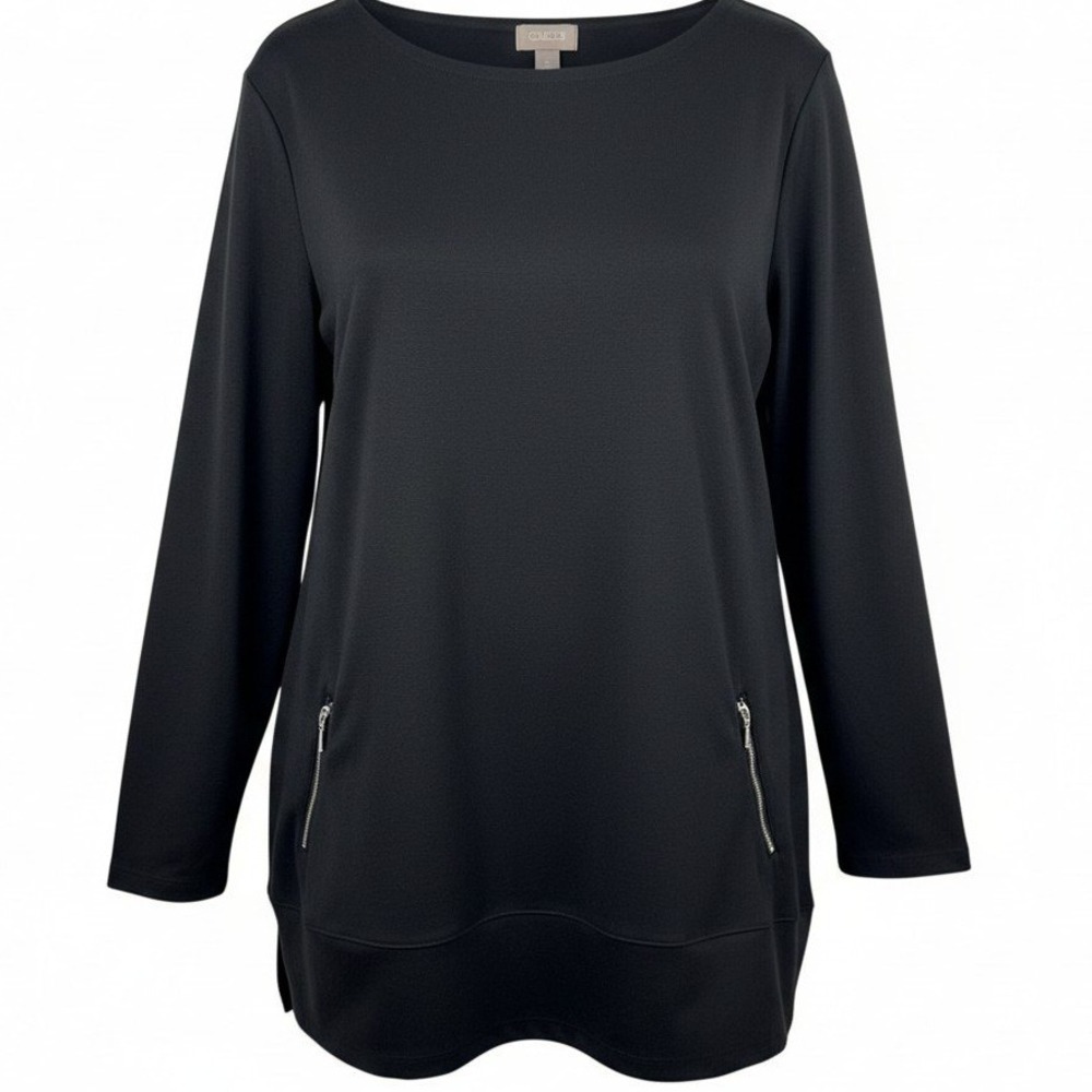 Chicos Tunic Top XL Black Long Sleeve Zipper Pockets Basic Staple‎ Comfort